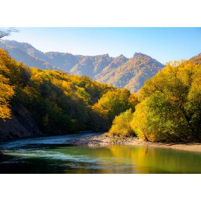 Fototapete PAPERMOON "Autumn Mountain Forest River", bunt, B:5m L:2,8m, Vlies, Tapeten