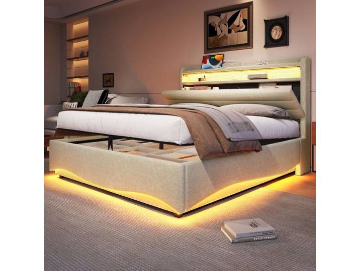 Lit- Zukavenir- en tissu en lin sans matelas avec éclairage LED avec mécanisme hydraulique- 140x200cm