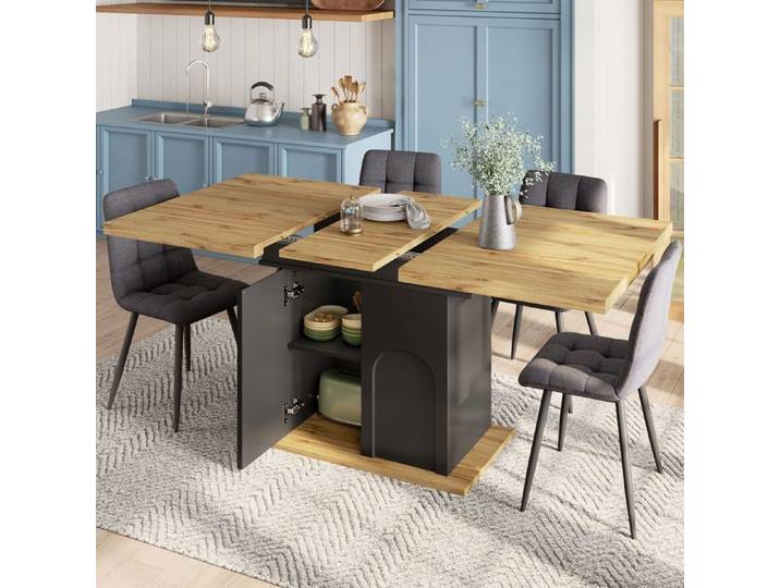 Abrihome Table de salle à manger extensible 110–140×80 cm avec meuble de rangement 6 personnes pour cuisine salon - noir