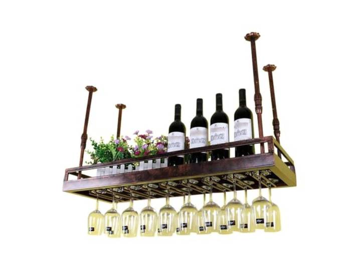 Industrielle Decken Weinregale höhenverstellbar 30–60 cm Glashalter Wandmontierter Weinhalter aus Metall und Eisen mit Geländer, Flaschenregal(60x35cm)