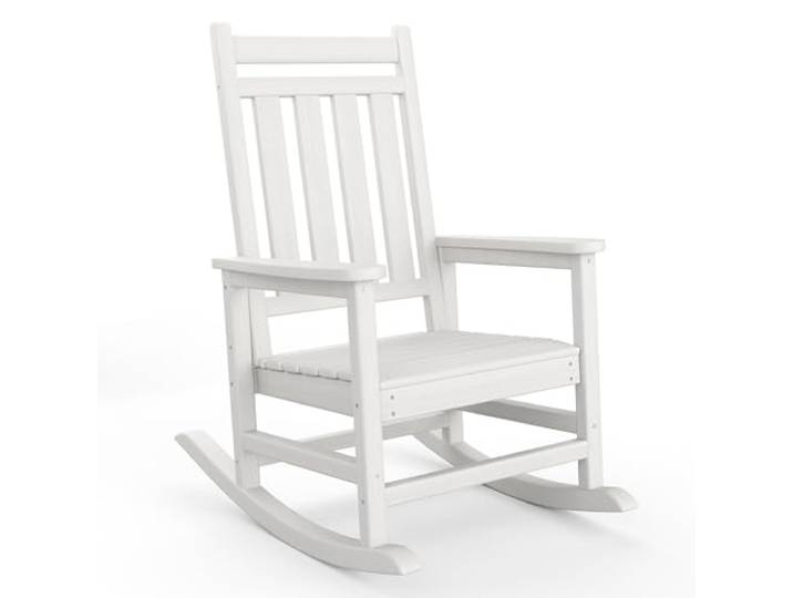 JustSmart HDPE Adirondack-Schaukelstuhl Set – Outdoor Veranda-Rocker mit hoher Rückenlehne, wetterfest & pflegeleicht, Poly-Lumber für Garten/Terrasse – Holzmaserung geprägt, Weiß, 1 Stück