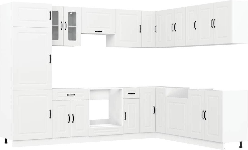 Küchenschrank-Set 14-tlg., Weiß, Holzwerkstoff & Glas, mit viel Stauraum, verstellbare Füße, für Spüle, Ofen & Hängeschränke, Kalmar