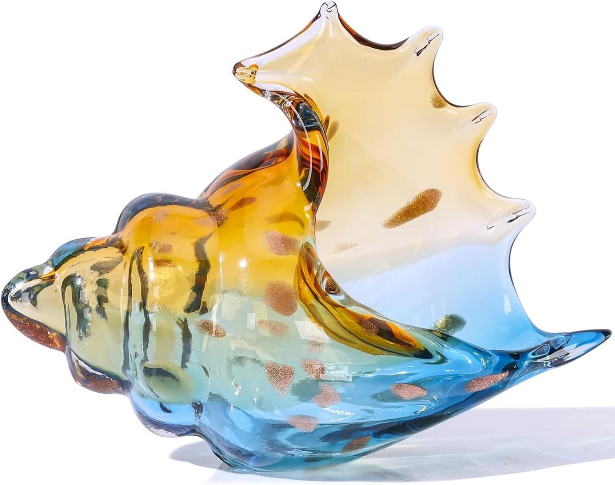 Handgeblazen glazen sculptuur blauwe schelp voor decoratie van je interieur