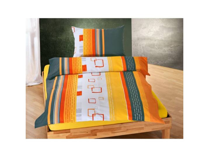 Bettwäsche mit Quadratmusterung und Streifen in Orange- und Grautönen – Garnitur – 65x100 cm / 160x210 cm