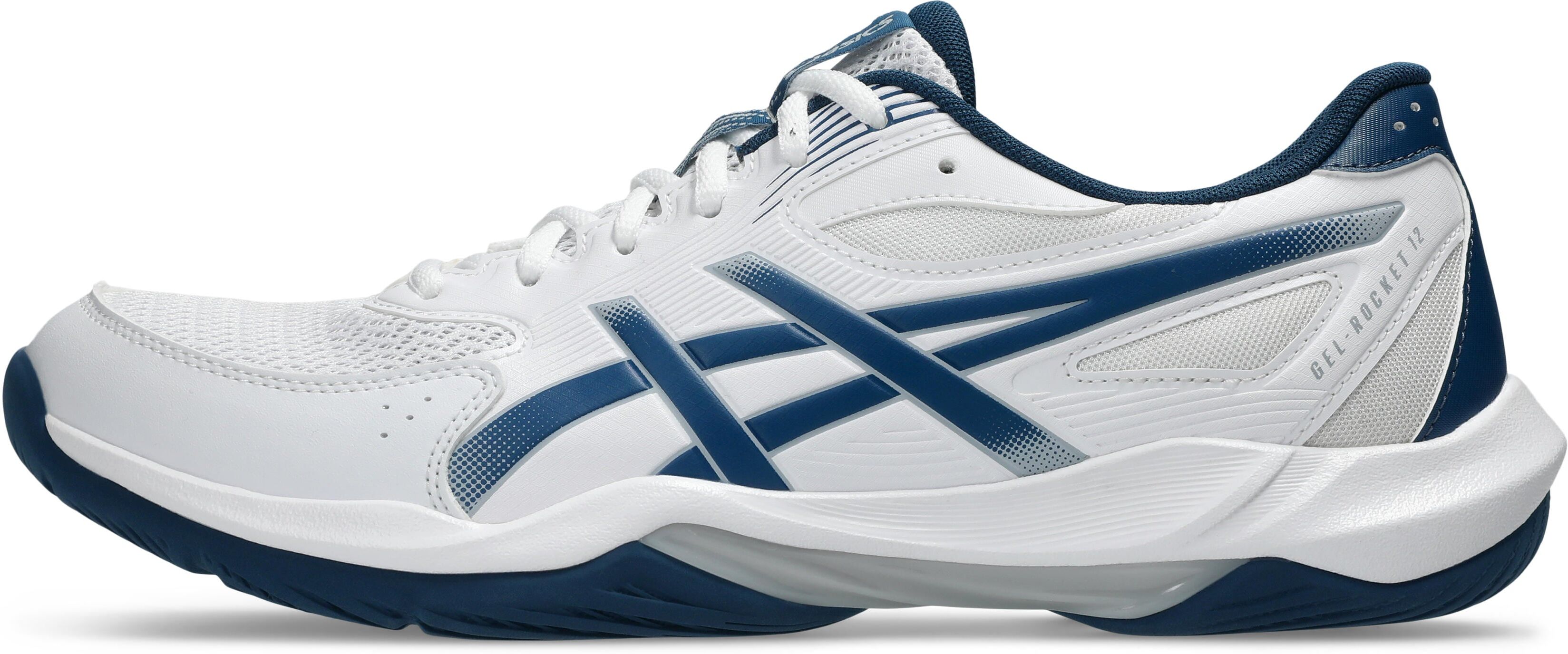 Hallenschuh ASICS "GEL-ROCKET 12", Herren, Gr. 47, weiß (weiß, mako blau), Synthetik, Schuhe Hallenschuh, besonders geeignet für Handball und Volleyball