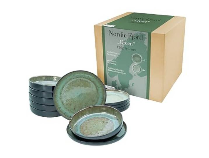 CreaTable\, 21556\, Série Nordic Fjord Green\, service de vaisselle 12 pièces\, ensemble d'assiettes en grès.