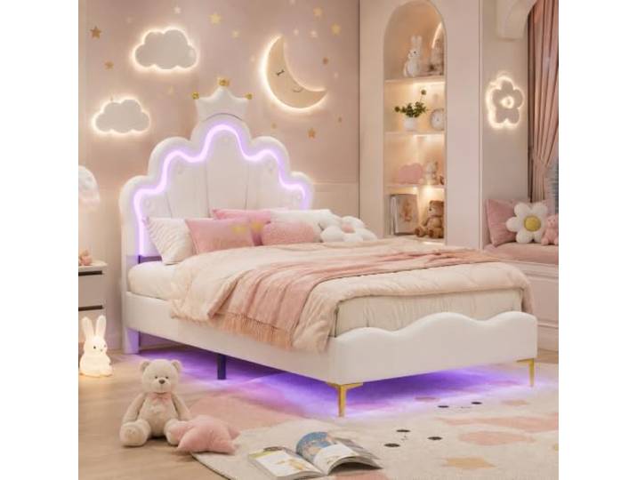 Einzelbett 90x200 cm, LED Bett Kinderbett Prinzessinnenbett für Mädchen, Polsterbett Jugendbett mit kronenförmiges Design und verstellbarem Kopfteil für Kinderzimmer, ohne Matratze (Weiße Krone)