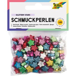 Folia Perlen 1261 Schmuckperlen Glittery Stars, Kunststoff, farbig sortiert, Stern, Größe 9 mm, 120 Teile