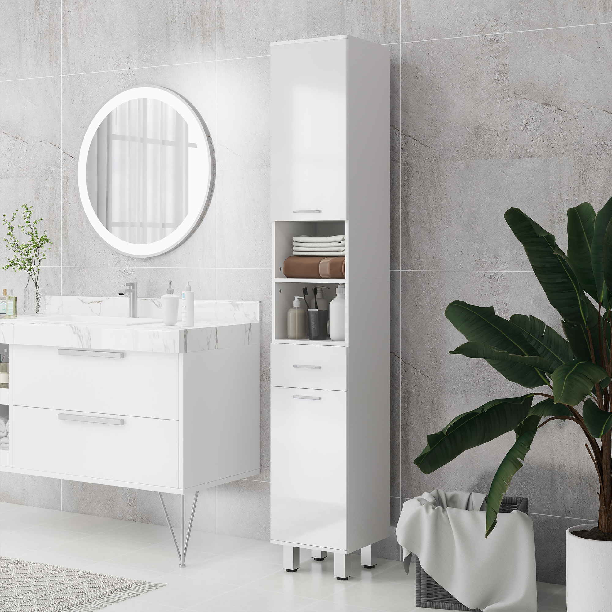 Kleankin Armadio da bagno, mobile bagno con ripiani e cassetto, regolabile, Bianco   Aosom Italy