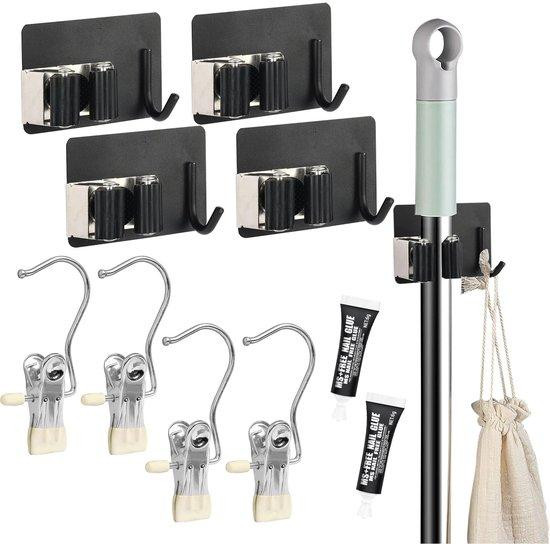 OEM RVS wandhouder voor 4 bezems en 4 handdoekhouders, zonder boren, zilver/zwart