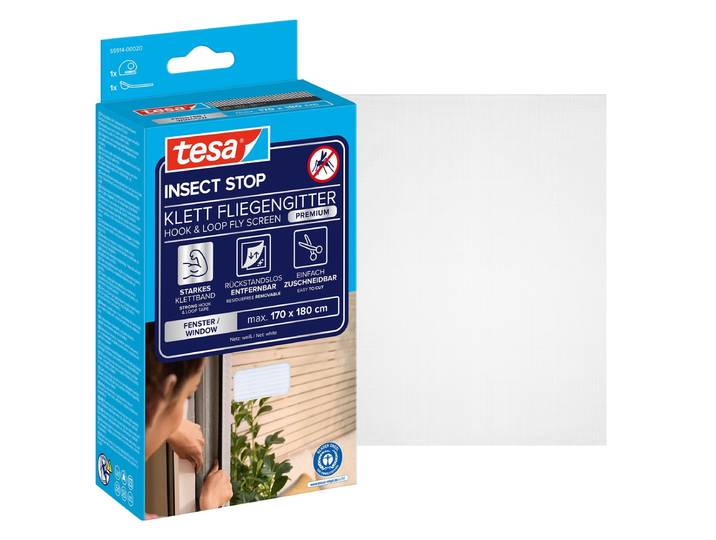 Fliegengitter-Gewebe TESA Premium für Fenster, Insektenschutz mit Klettband - 170x180 cm , weiß (rahmen: weiß gewebe: weiß), B:170cm H:180cm, Insektenschutzgitter, Fliegengitter-Gewebe, mit starkem Klettband, rückstandsfrei entfernbar, zuschneidbar