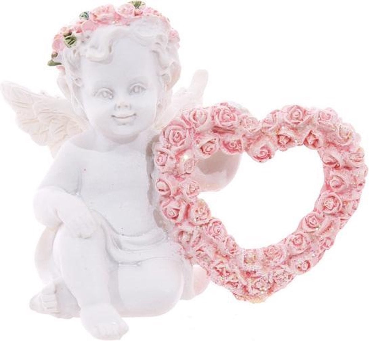 Beeld Engel Cherubijn met Roze Rozen en Hart - 7 cm