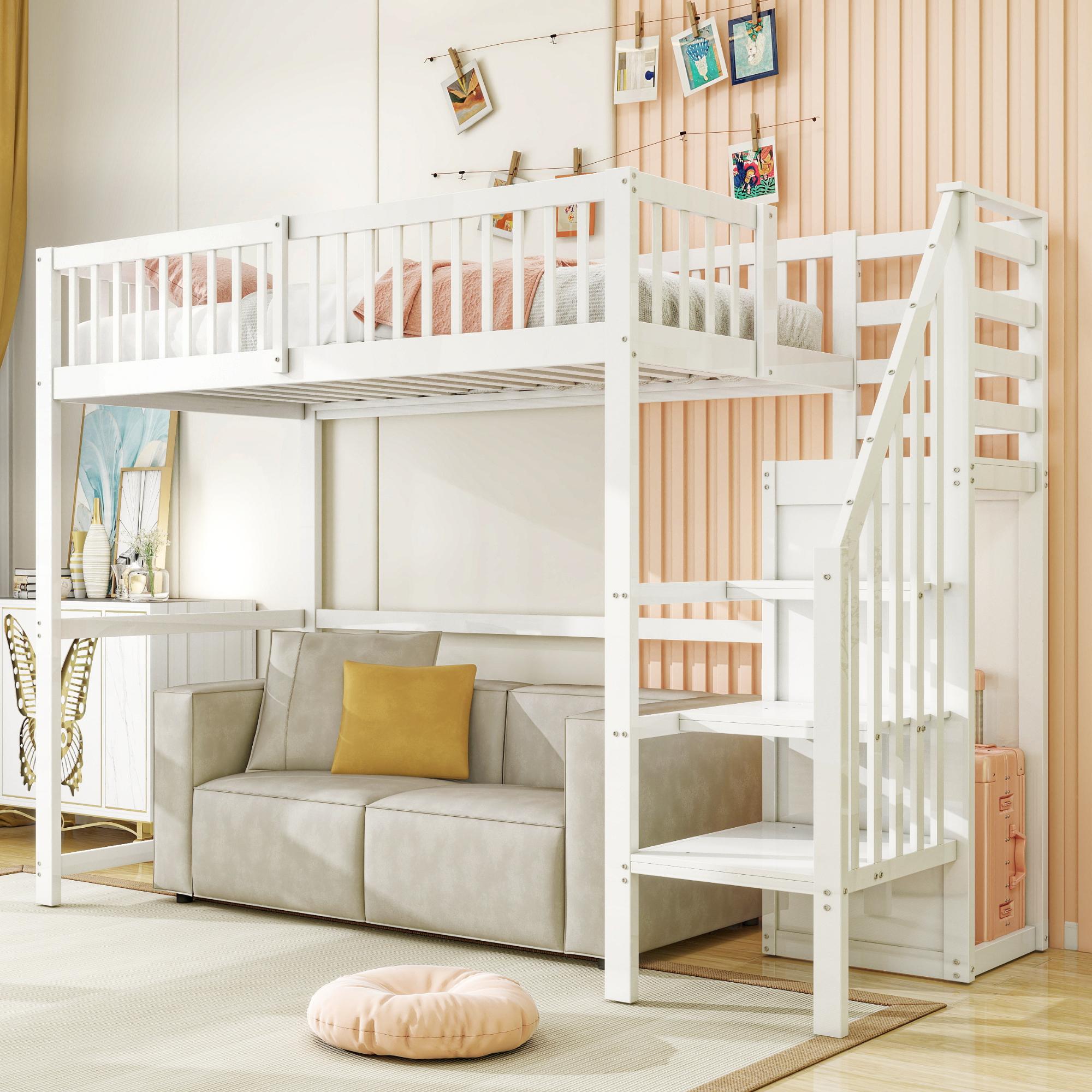 Sweiko Hochbett 90x200 mit Treppe, weißes Kinderbett aus Holz mit Aufbewahrungsregal, einfacher Kleiderschrank