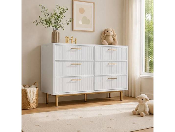 Commode - ZEVKOR - Commode 6 Tiroirs - Blanc - Poignées dorées - Pieds métal 14 5 cm
