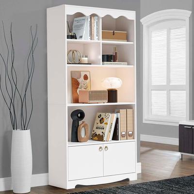 Garvee "63"" Modern White 5-Tier Bookcase w/ Doors & Cabinets"