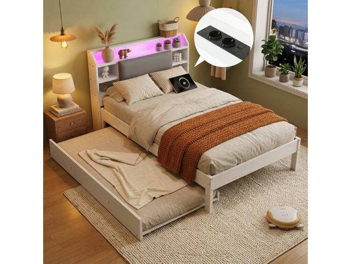 Lit gigogne 120x200 cm lit enfant couchage gigogne extensible étagères LED tête de lit rembourrée bois blanc