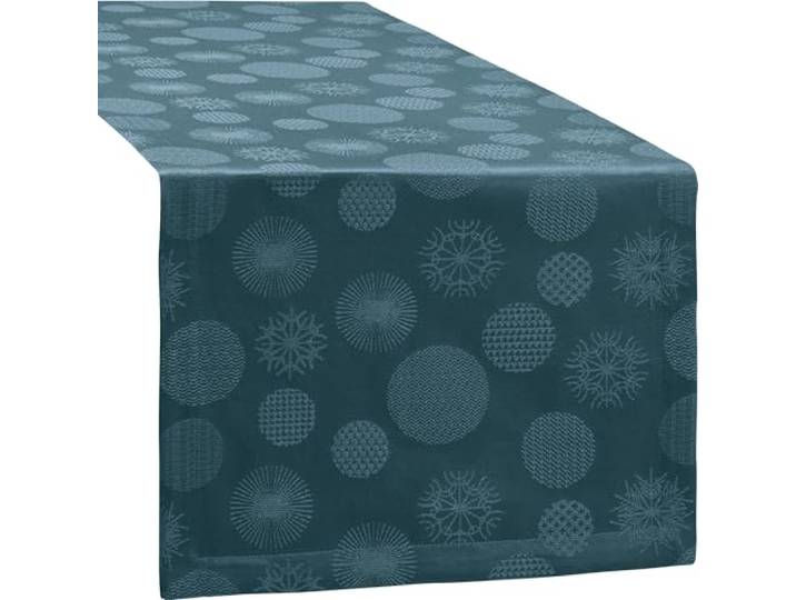 Erwin Müller Jacquard Tischläufer Calvia Petrol Größe 40x130 cm - eingewebte Eiskristalle und Christbaumkugeln, zarter Schimmer, Pflege- und bügelleicht