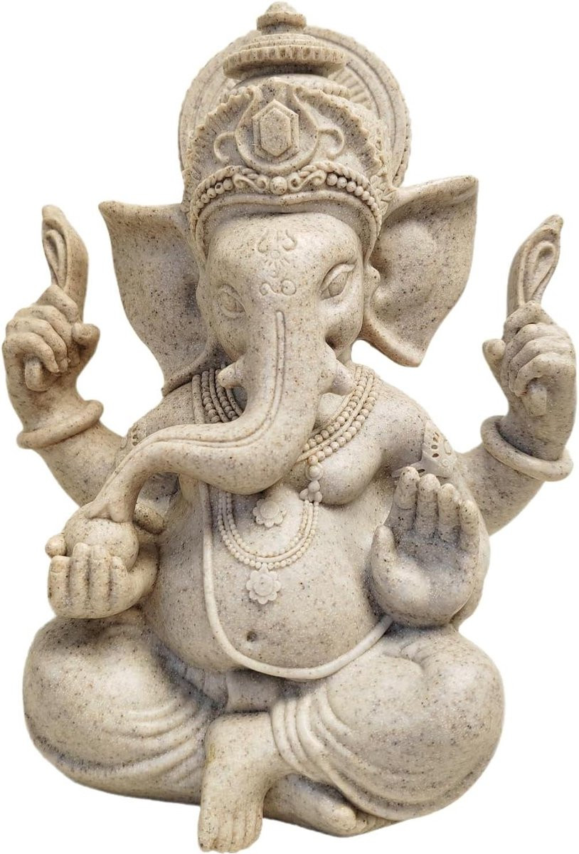 Ganesh Boeddha Beeld - Handgeschilderd Resin - Zandsteen Kleur - Hoogte: 18 cm
