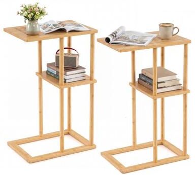 Costway Side Table Set of 2 with Storage Shelves and Bamboo Construction-Natural