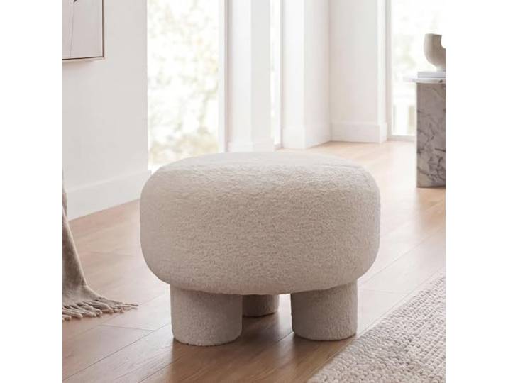 Mendler Hocker HWC-Q49 Stoff/Textil Bouclé (200g/m²) 55cm - Creme Sitzhocker, Ottomane, Polsterhocker, Pouf