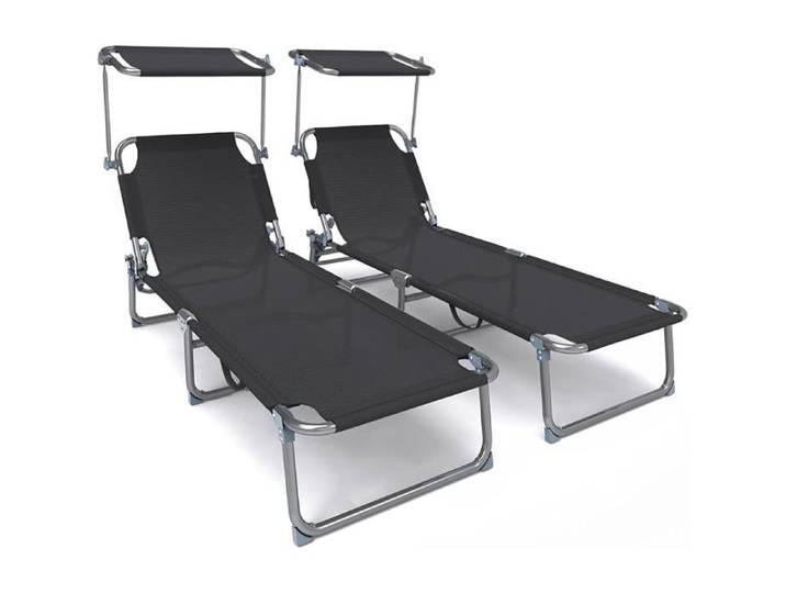 Lot de 2 Chaise Longue Bain de Soleil avec Pare Soleil Transat Pliable en Textilène avec Parasol Bain De Soleil Noir/ CHAISE LONGUE