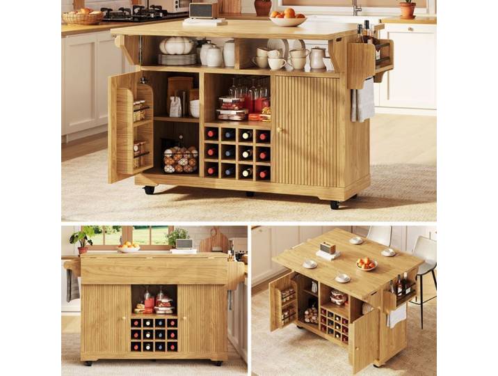 Desserte cuisine avec roulettes - Desserte cuisine avec rangement - désert de cuisine – îlot à ailes extensible–bois naturel