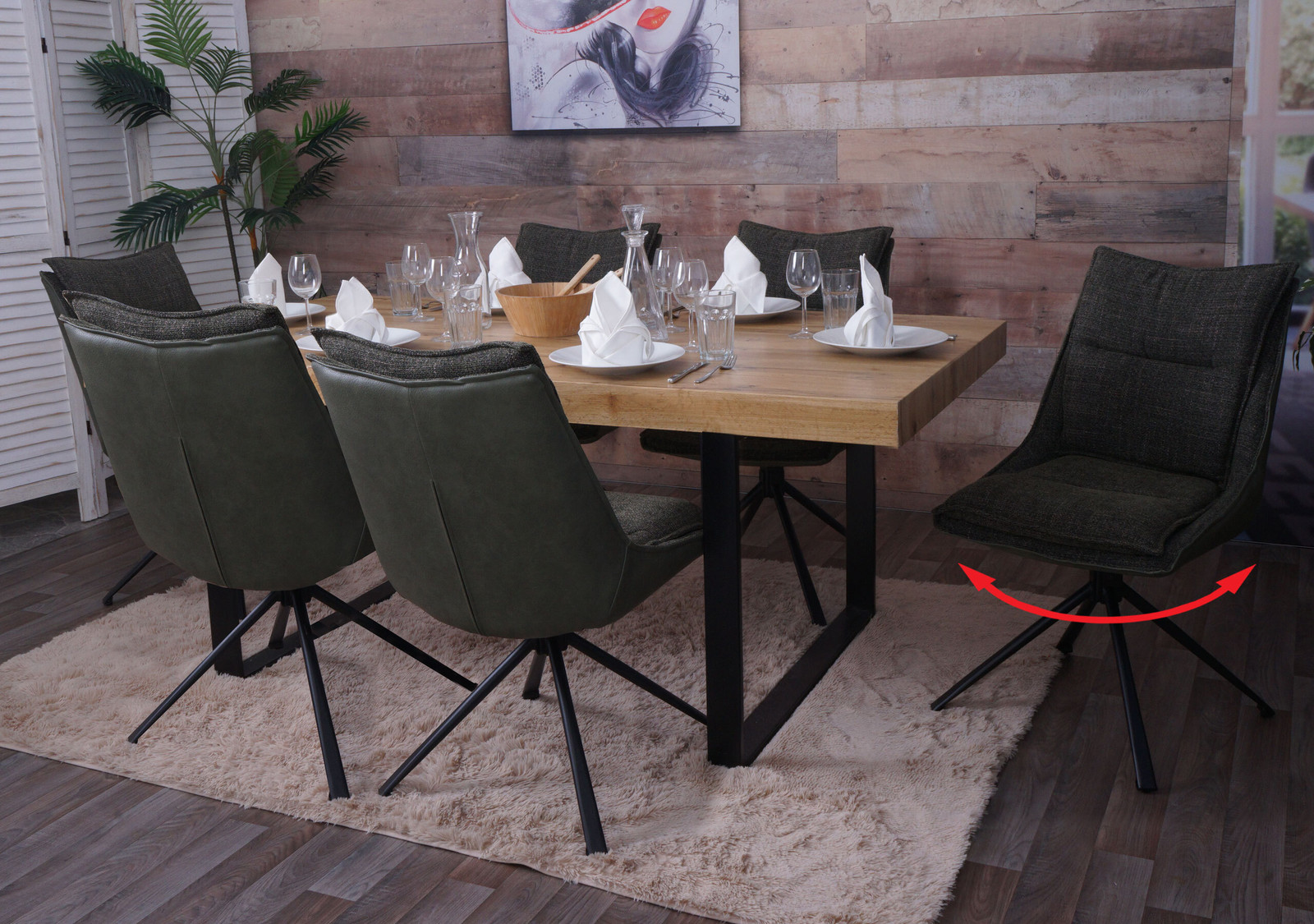 Mendler Set van 6 draaibare eetkamerstoelen HWC-N71 met automatisch terugdraaimechanisme, groen textiel