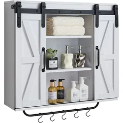 VEVOR Badezimmer Wandschrank Medizinschrank mit 2 Schiebetüren & verstellbaren Regalen, Aufbewahrungsschrank Hängeschrank mit offener Trennwand / Handtuchhalter / Haken für Küche, Toilette
