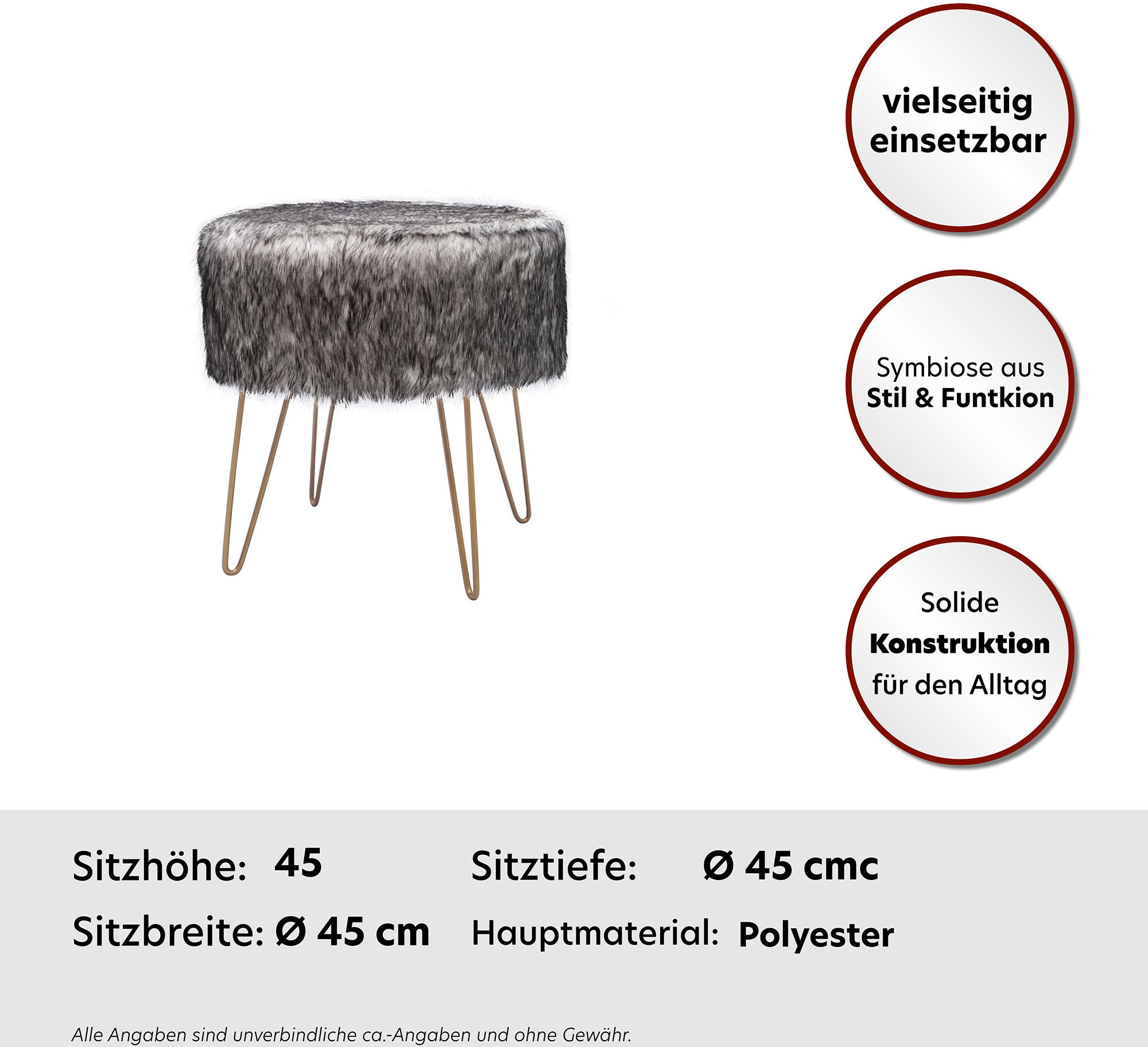 Hocker KAYOOM "Mio 1, Fellhocker in modernem Design, runde Form mit Metallbeinen", schwarz-weiß (weiß, anthrazit), B:45cm H:45cm T:45cm, Sitzbezug: 100% Polyester Korpus: MDF Gestell: 100% Eisen, Hocker, Hocker, beeindruckend, teilweise handgefertigt, att