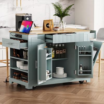 Fluted Kitchen Island with Trash Can Storage Cabinet,Power Outlet, Internal Storage Rack