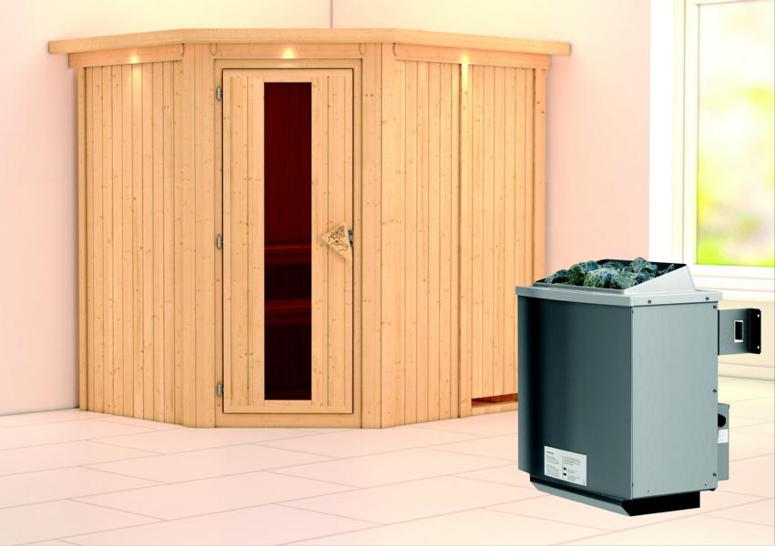 KARIBUHOLZT Sauna Siirin Eck,9KW integr. Strg m.Isoliertür u.Dachkranz 09221883