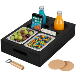 Relaxdays Couchbar, Bambus, Edelstahlschale für Snacks, Getränke- & Weinglashalter, Untersetzer, Couchorganizer, schwarz