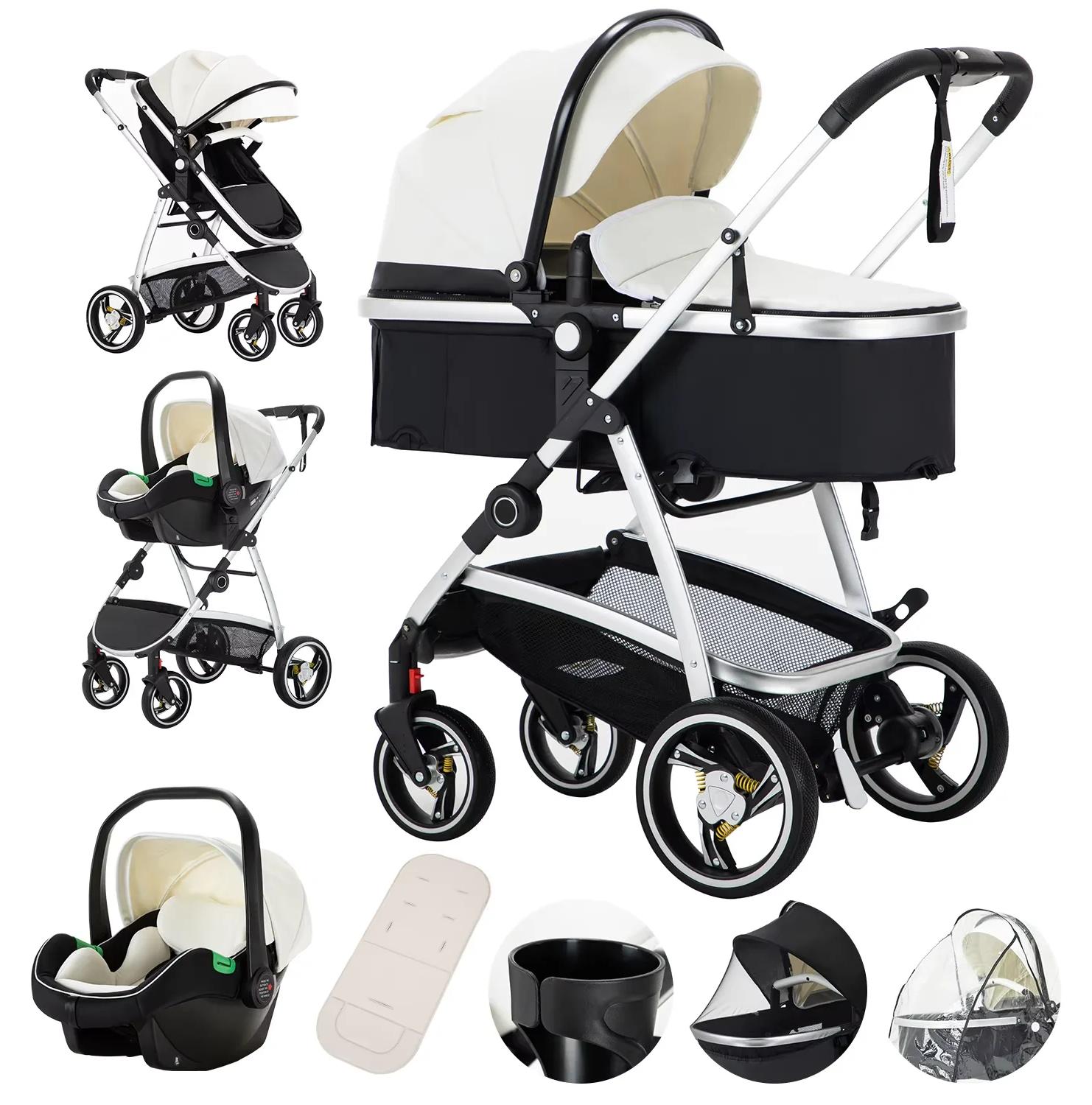 Kombikinderwagen 3 in 1 - Modell 808B - Hoher Sitz - Klappbarer Reisebuggy - Mit Babywanne und Trage - Für geborene bis 2 Jahre - Weiß