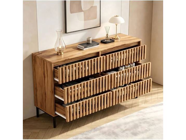 MEUBLIV Buffet bas 6 tiroirs aspect bois naturel design à lattes 120 x 40 x 81 cm