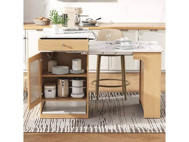WOVREO îlot central de cuisine extensible avec prises intégrées rangement effet bois naturel et blanc