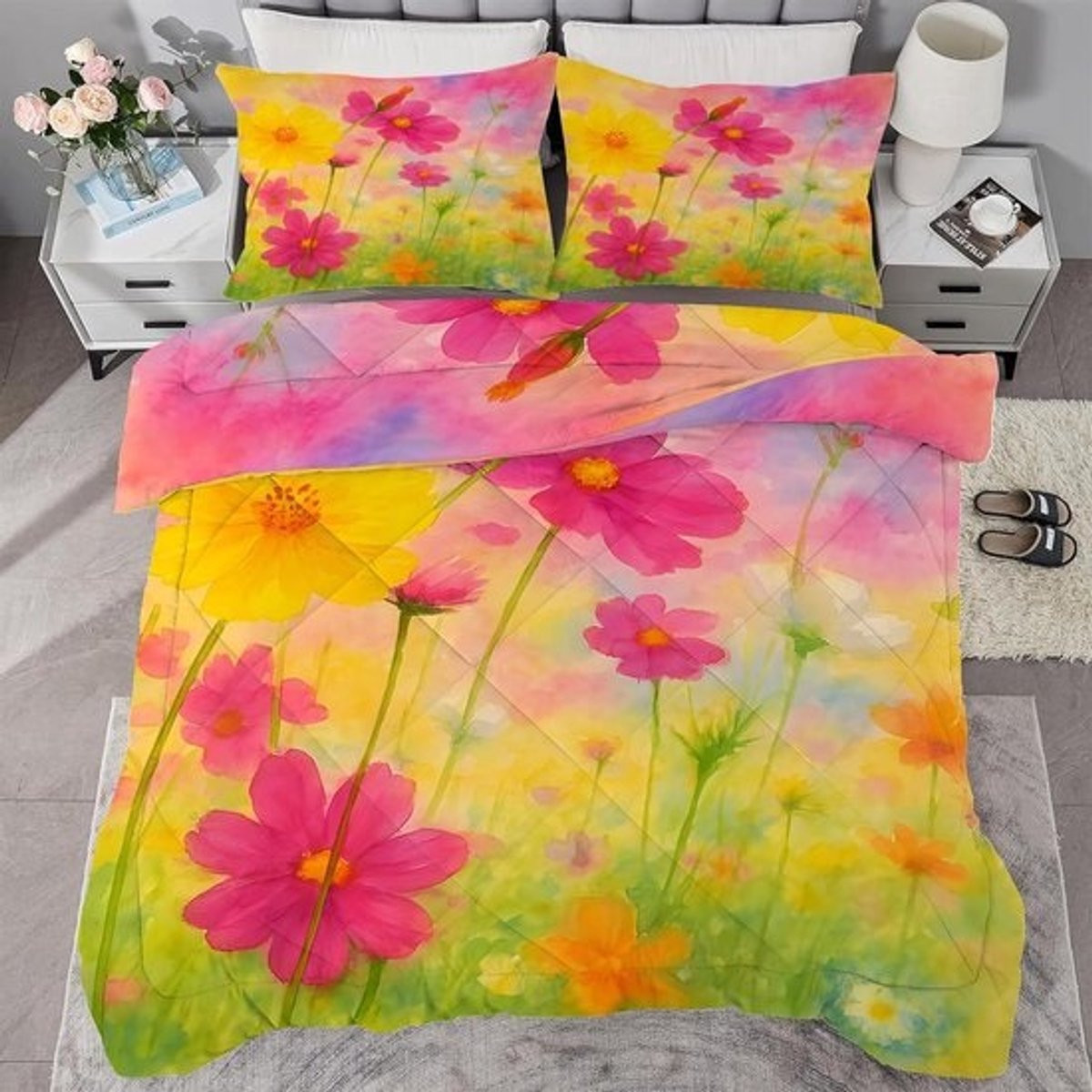 Omkeerbaar abstract bloemendekbed zonder overtrek in meerkleurig microfibre, 240 x 220 cm