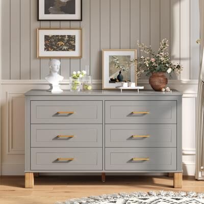 GDFStudio Caldrien Wood Six Drawer Dresser with Metal Handles and Solid Wood Legs