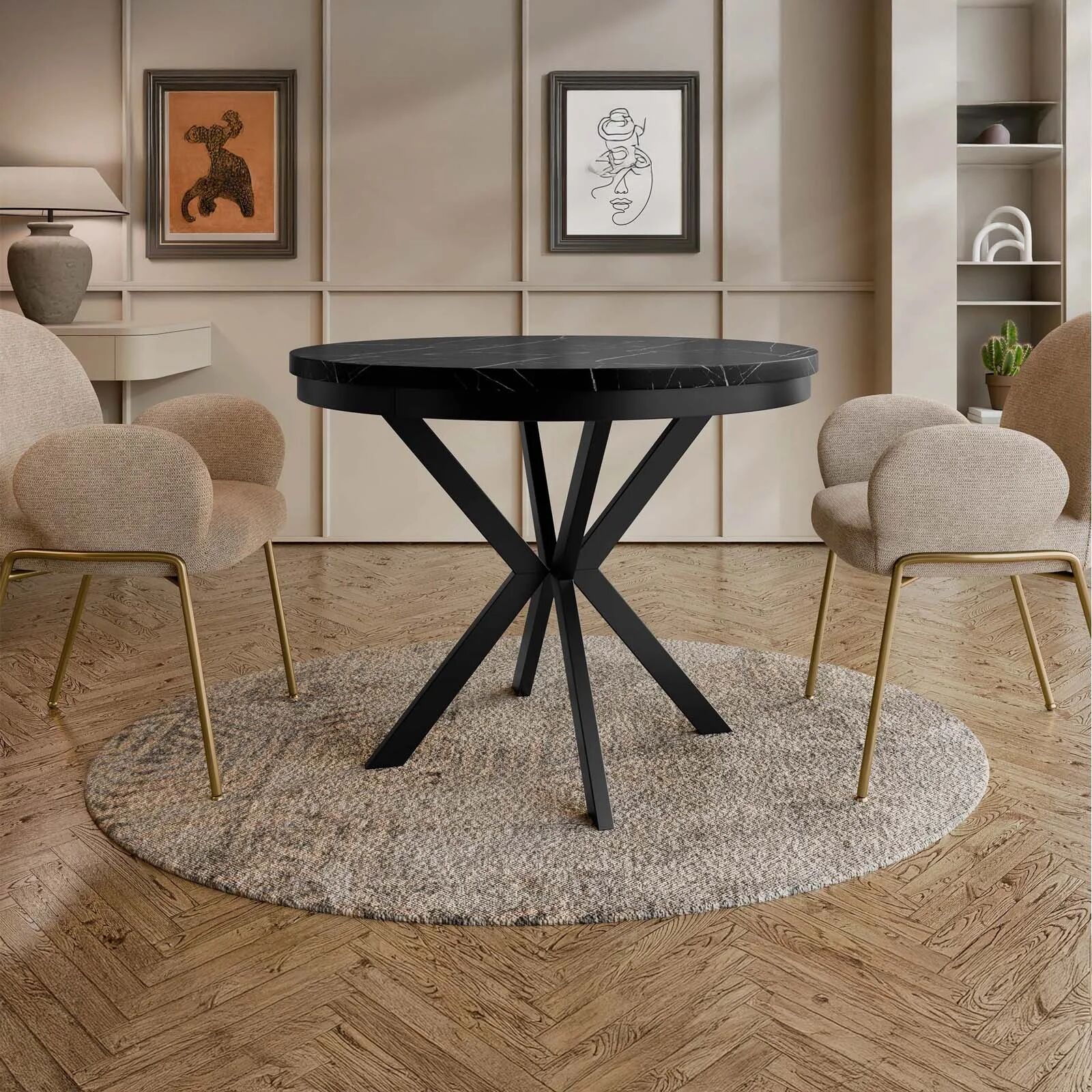 garneroarredamenti Tavolo da pranzo allungabile 90/166 cm rotondo nero effetto marmo nero Vortex