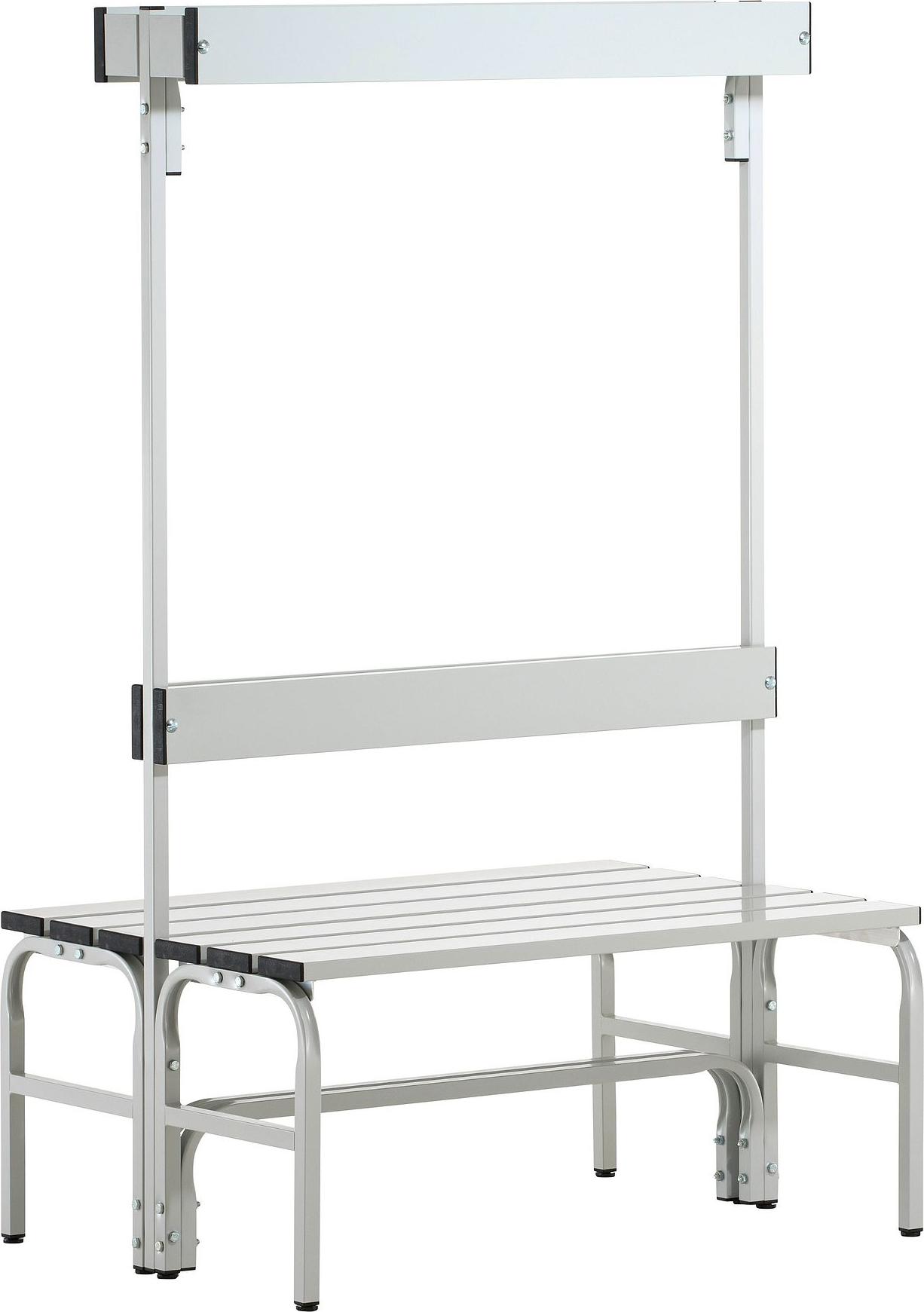 Doppelseitige Garderobenbank, Hakenleiste, mit Schuhrost, Edelstahl/Alu, TxH 725x1650 mm, Länge 1015 mm, RAL 7035