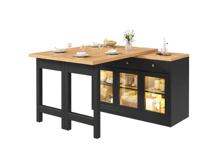 QQJIN Ausziehbarer Küchentisch 120-200cm mit App-LED, 3 Schubladen & Glastüren, Bartisch mit Stauraum, Kücheninsel Freistehend, Esszimmertisch Ausziehbar, Schwarz,C