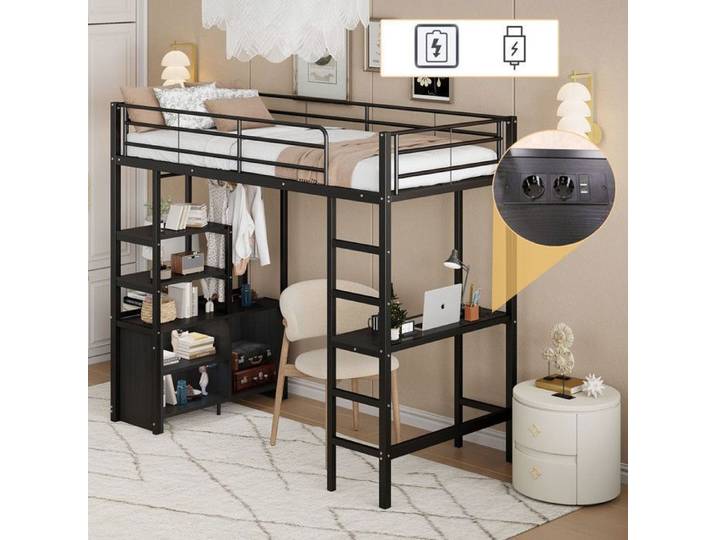 Lit mezzanine 1 place lit mezzanine 90x200 avec Armoire de rangement lit mezzanine avec bureau lit mezzanine enfant avec USB Noir