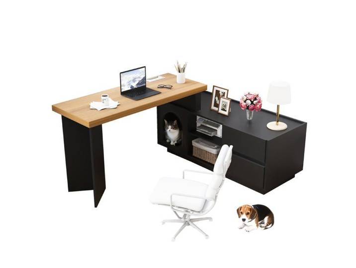 Bureau d'angle Logidon avec niche pour animaux intégrée 120x50 cm MDF noir