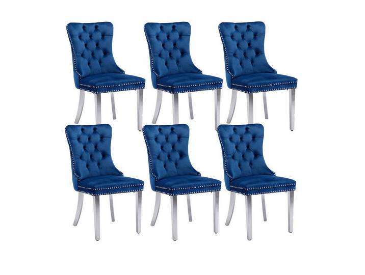 LuxusKollektion Esszimmerstuhl Esszimmerstühle Samt 6er Set Blau (Silbernen Edelstahlbeine) 6er-Set