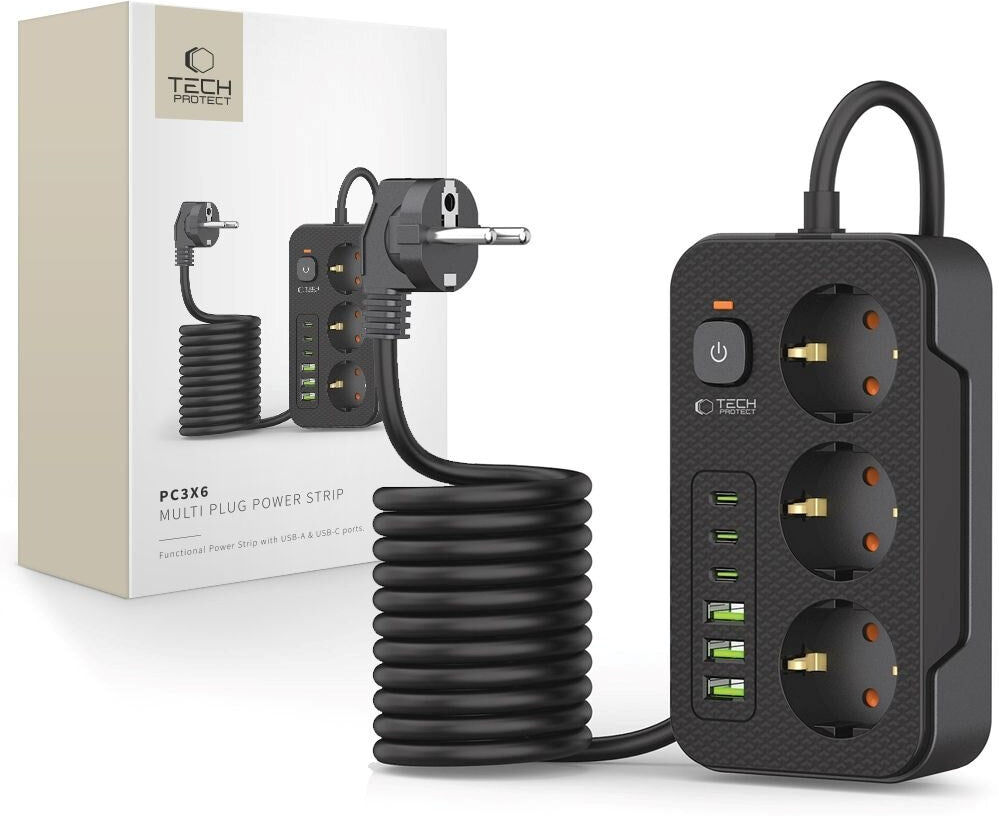 Tech-Protect Strømskinne m. 3 x Udtag / 3 x USB-A / 3 x USB-C (2m) - Sort
