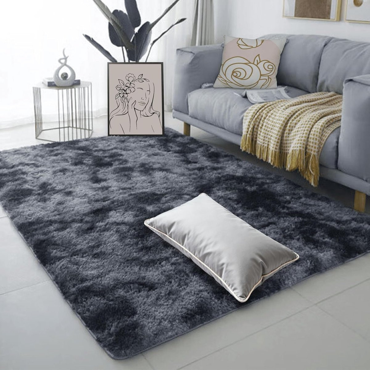 Donkergrijs Hoogpolig Vloerkleed - Modern Shaggy Kleed met Antislip Onderkant