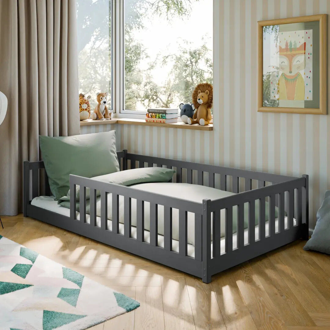 Harriet Bee Montessori Wooden Bed Otis EU Small Double – Floor-Hugging Pine, Contemporary Secure Frame & Slat Kit Graphite