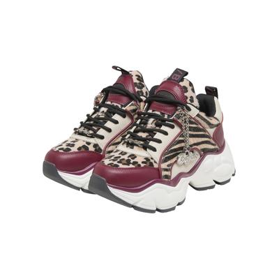 Trainingsschuh BUFFALO "Buffalo BINARY GLAM - VEGAN SUEDE/FUR/NAPPA", Damen, Gr. 38, bunt (rot, cream, leo), Synthetik, Schuhe