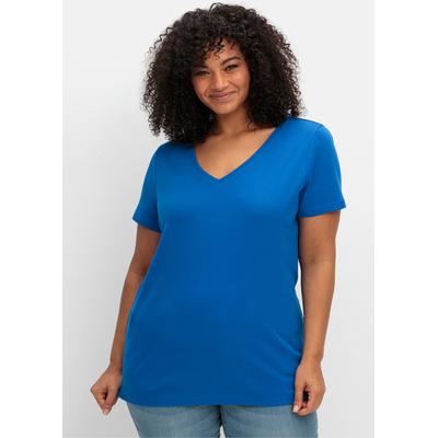 T-Shirt SHEEGO "T-Shirt", Damen, Gr. 52/54, blau (kobaltblau), 100% Baumwolle, unifarben, V-Ausschnitt, Shirts T-Shirt