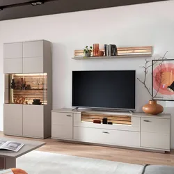 TV Wohnwand Designer Wohnwand in Grau und Wildeichefarben (dreiteilig)