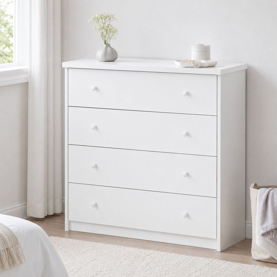 Brambly Cottage Ingrassia 4-Drawer Chest of Drawers, Storage, Tall Bedroom Furniture White 87.4cm H X 83.8cm W X 41.5cm D